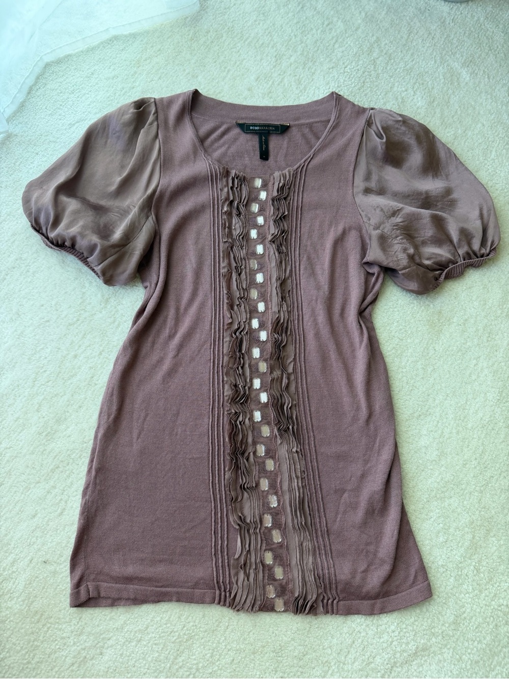 BCBGMaxAzria Silk & Cotton Dusty Mauve Puff Sleeve Rhinestone Knit Top